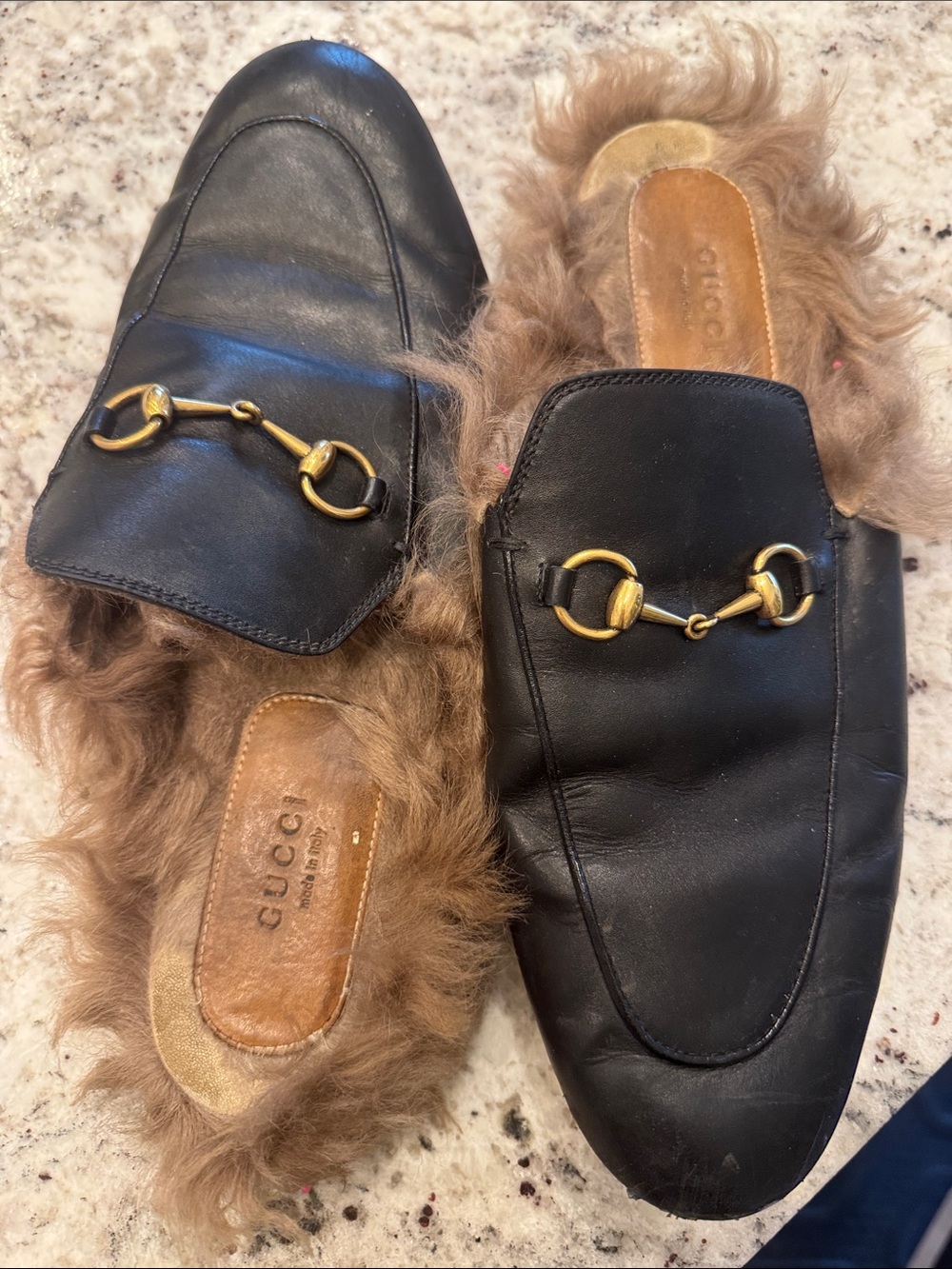 Gucci Black Leather Fur-Lined Horsebit Mules with Gold Hardware